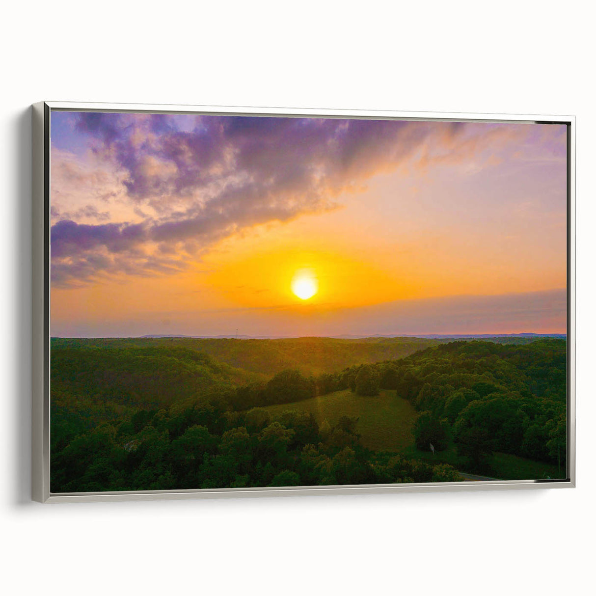 Framed canvas landscape art painting featuring a colorful Arkansas scenery, ideal for enhancing a living room's decor.