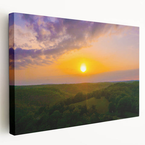 Large stretched canvas featuring a serene Arkansas landscape in muted green and blue tones, ideal for kitchen wall art.