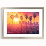 Textured abstract art print depicting the Beverly Hills skyline in muted pastel tones on a framed silver mat.