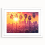 Abstract art print of Beverly Hills scenery in muted earth tones on a framed white mat, suitable for dining room decor.