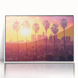 Art deco poster of Beverly Hills scenery in muted pastel shades, framed in white acrylic.