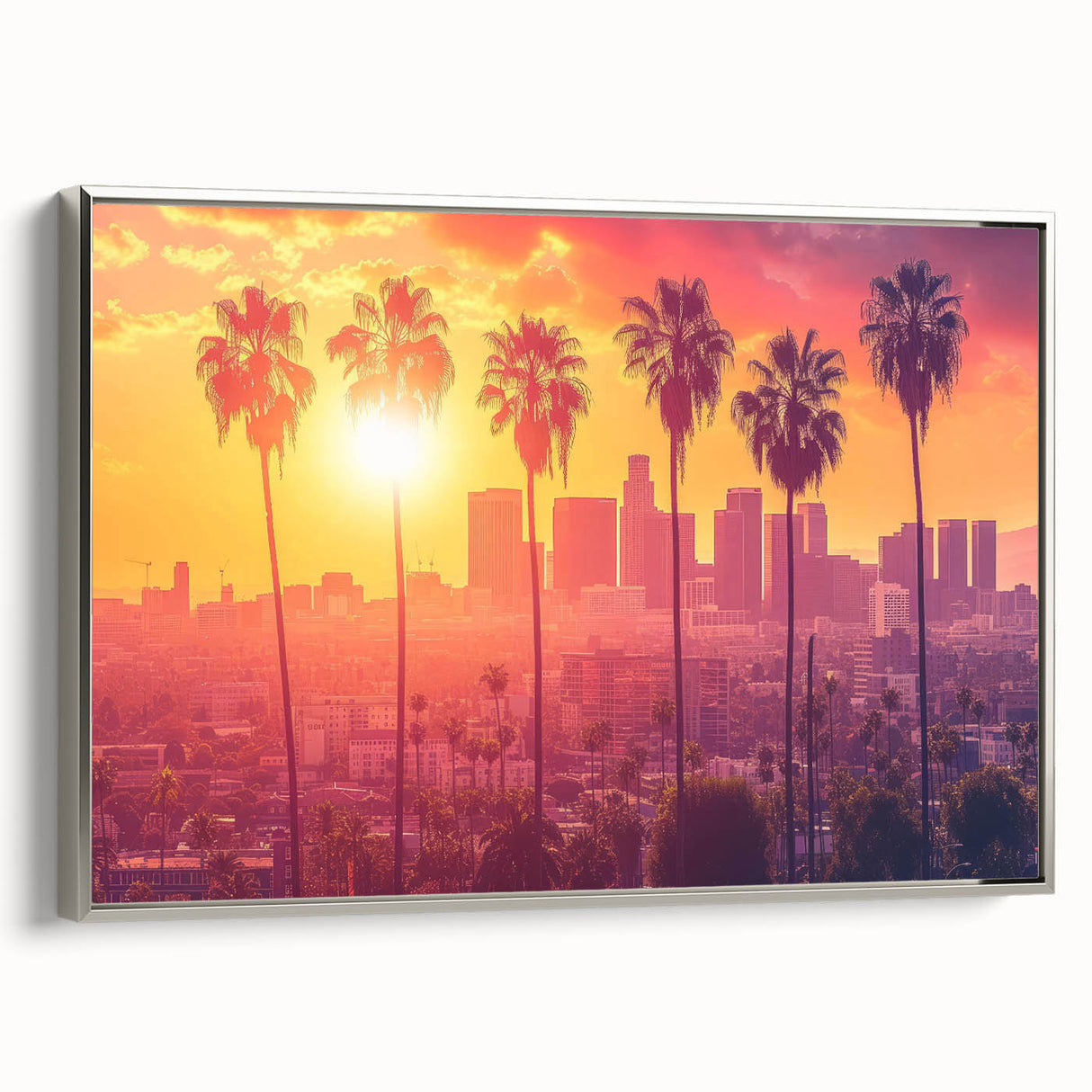 Landscape art painting of Beverly Hills with colorful trees on black background, framed canvas, ideal for living room decor.