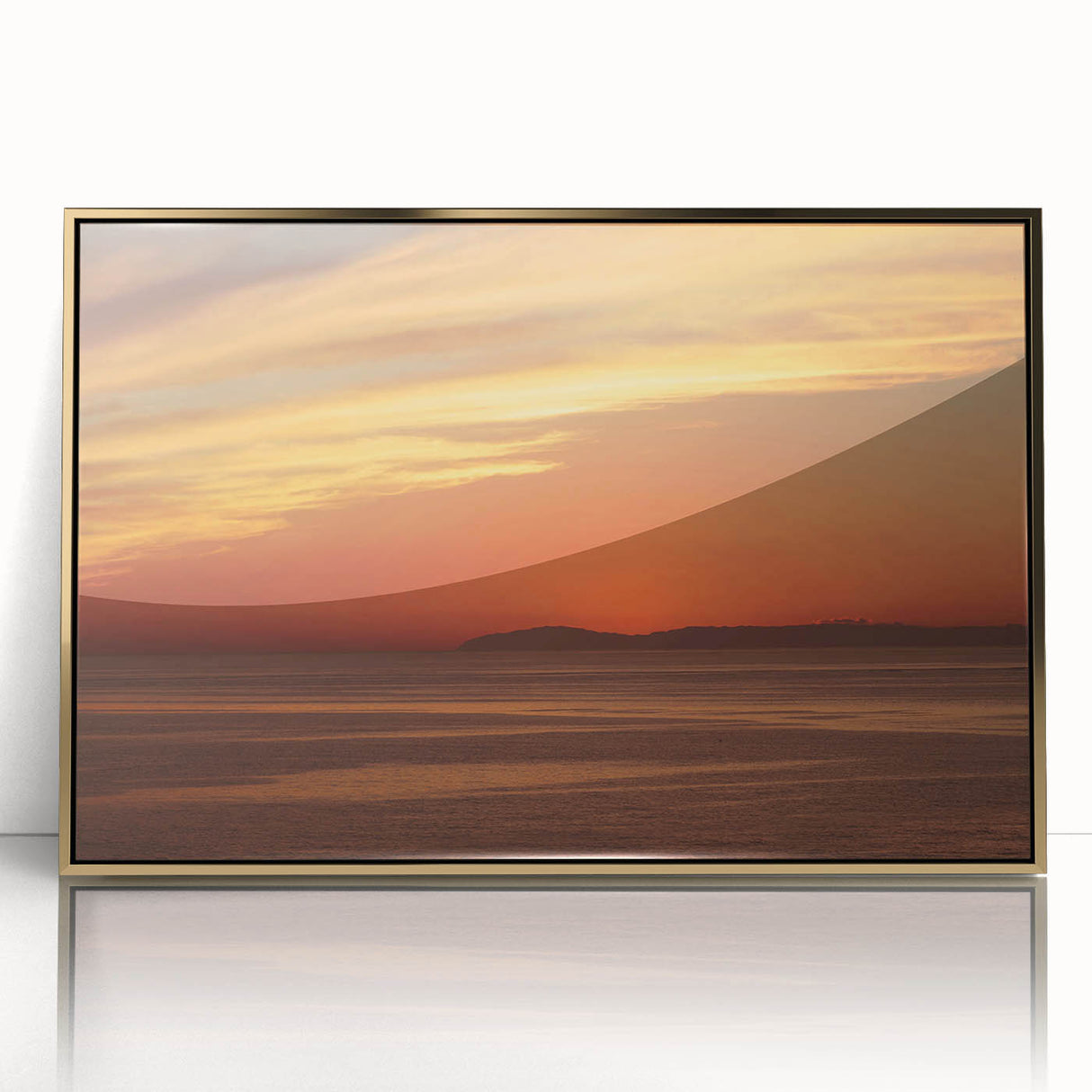 Mid-century modernist acrylic print of Catalina, California scenery in gold frame, ideal for modern art wall decor.