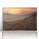 Acrylic print of Death Valley landscape in muted earth tones, framed in white, suitable for modern art wall decor.