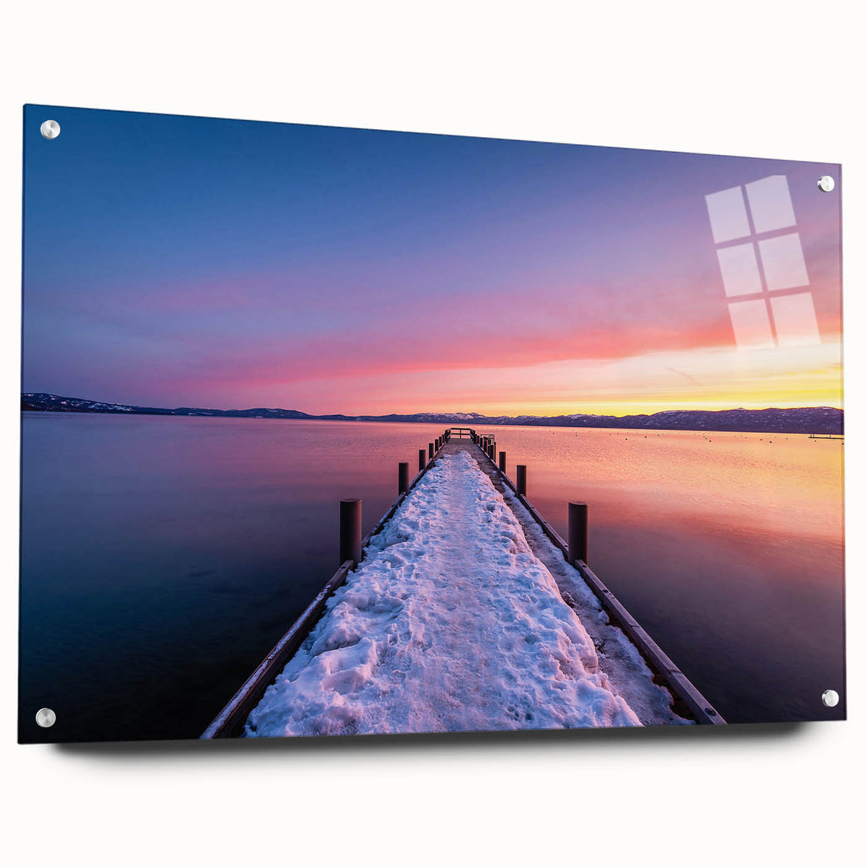 Acrylic print of Lake Tahoe with vivid blue and green tones, ideal for dining room or bedroom wall art.