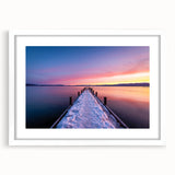 Abstract art print of Lake Tahoe in muted blues and greens on a framed white mat, ideal for bedroom or dining room decor.
