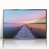 Mid-century modernist art depicting Lake Tahoe in muted blue and silver tones on a framed acrylic print.