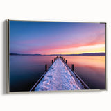 Landscape art painting of Lake Tahoe with a vintage poster style, framed in silver on canvas.