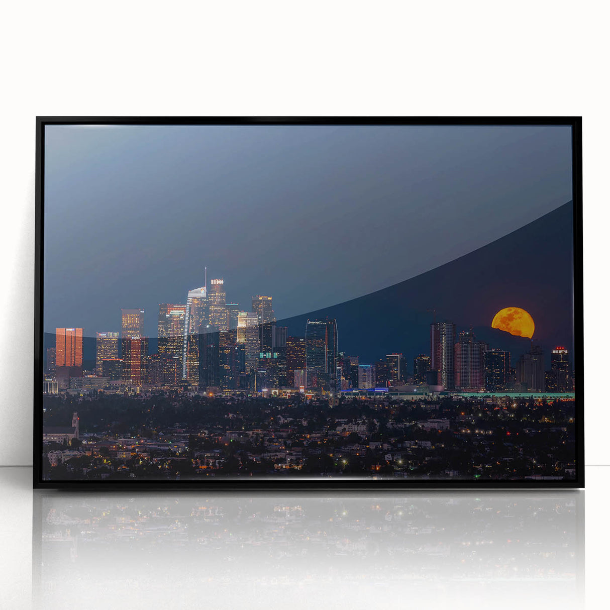 Large abstract wall art of Los Angeles skyline in muted grays and blues on a framed acrylic.