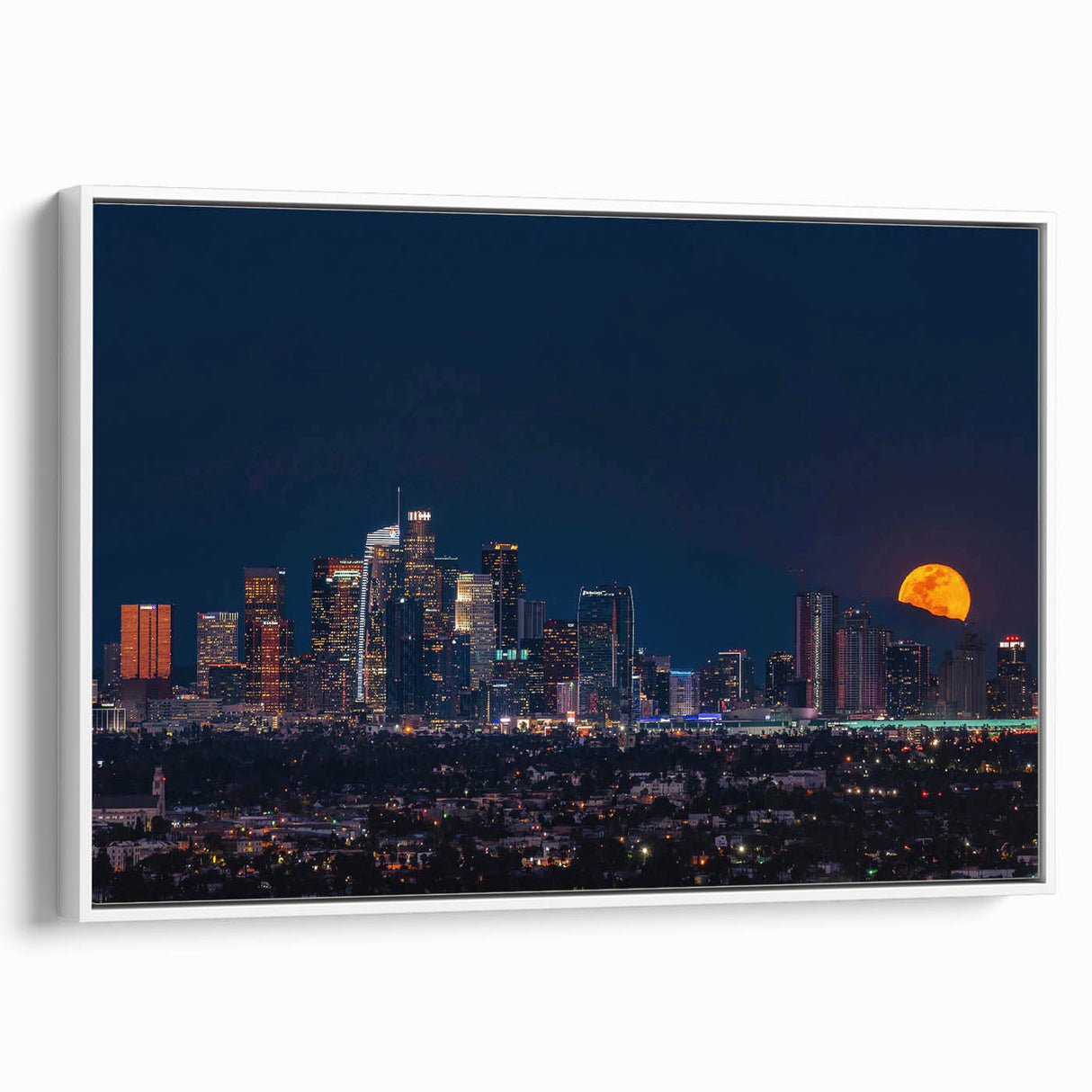 Vintage poster art of Los Angeles skyline in colorful hues on extra large framed canvas, ideal for living room decor.