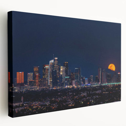 Large stretched canvas featuring a Los Angeles cityscape in muted gray and blue tones, suitable for kitchen wall art.
