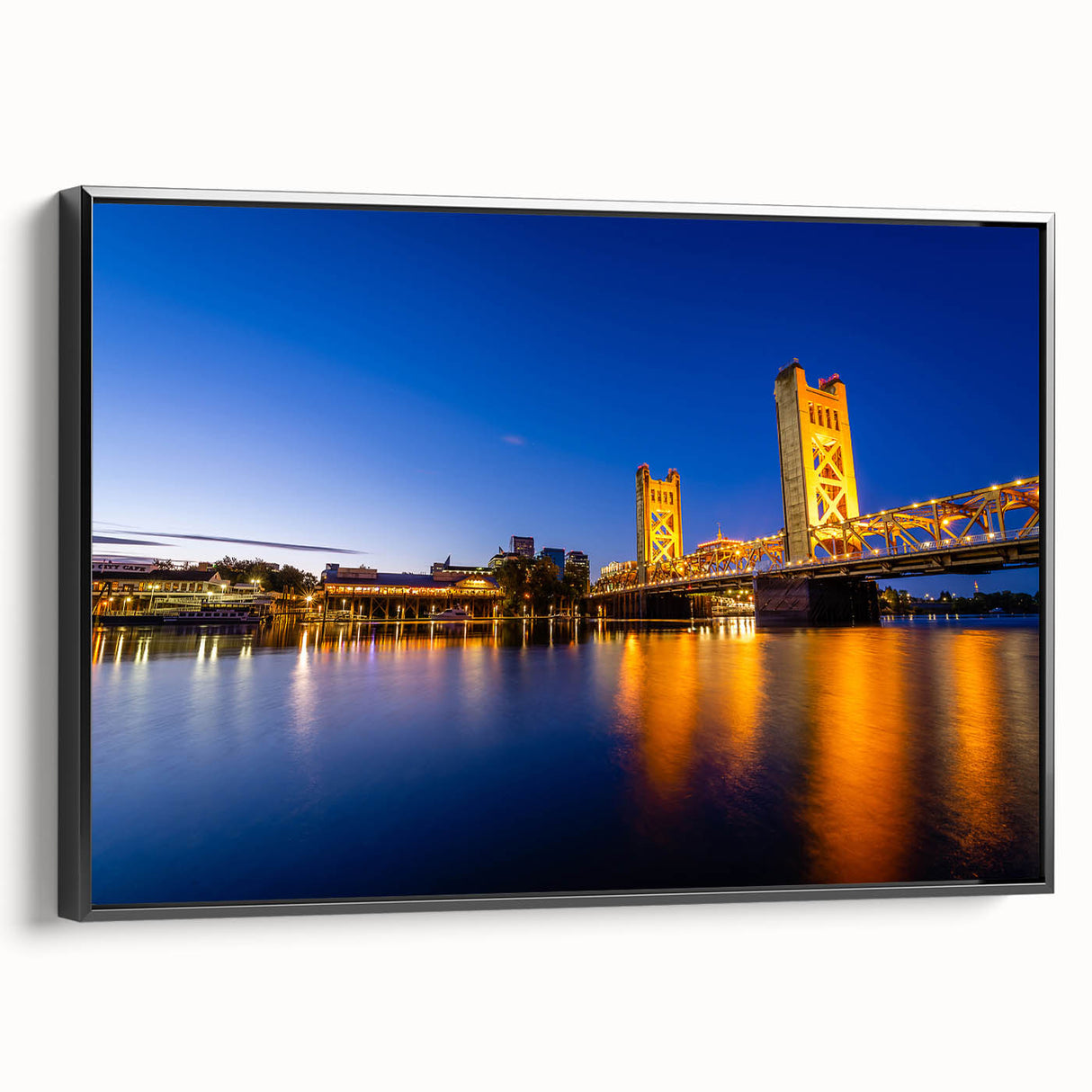 Black and white framed canvas of Sacramento landscape, ideal for bedroom wall decor.
