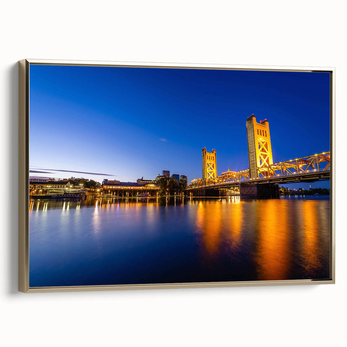 Framed canvas depicting vintage-style Sacramento landscape in black and gold tones, ideal for bedroom wall art.