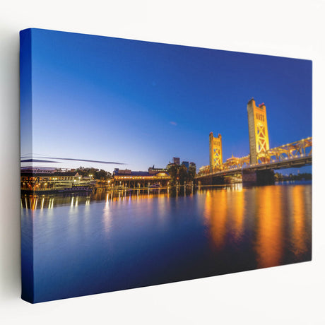 Large canvas print of Sacramento skyline in muted earth tones, ideal for kitchen wall art.