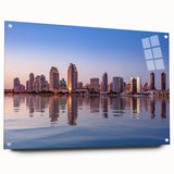 Acrylic print of a large abstract depiction of the San Diego skyline in muted blue and gray tones.