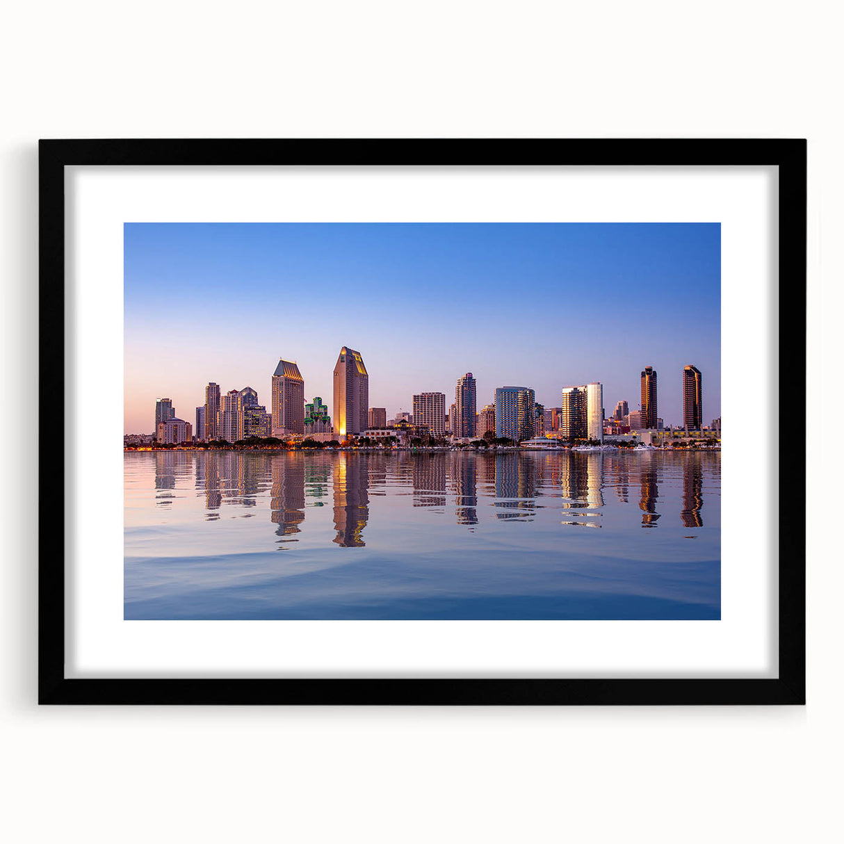 Extra large textured abstract art print depicting colorful San Diego scenery, framed in black, ideal for living room decor.