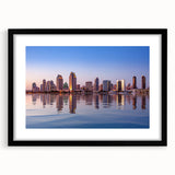 Extra large textured abstract art print depicting colorful San Diego scenery, framed in black, ideal for living room decor.