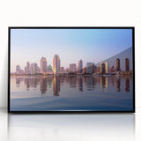 Large abstract wall art depicting San Diego scenery in black and white tones on a framed acrylic.