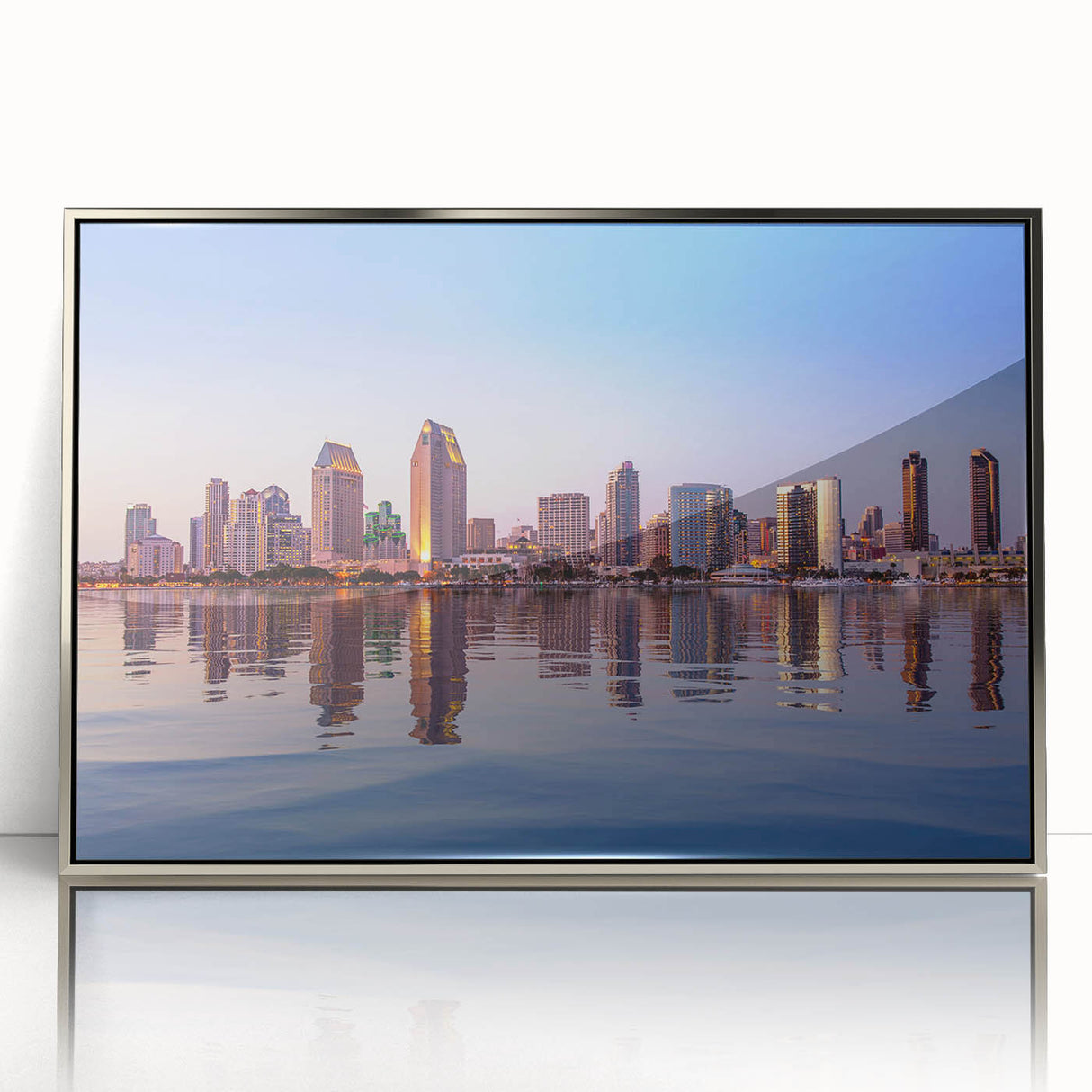 Mid-century modernist art of San Diego skyline in silver acrylic frame, suitable for modern art wall decor.