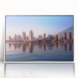 Acrylic print of San Diego scenery in art deco style, framed in white, suitable for modern nursery decor.