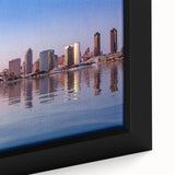 Extra large framed canvas depicting textured, colorful San Diego scenery in black, ideal for living room decor.