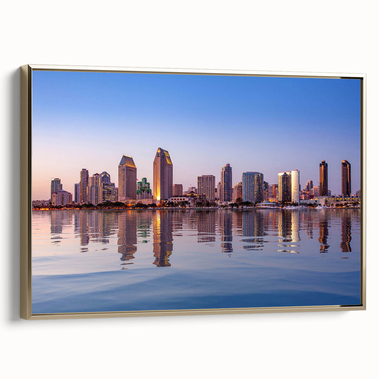 Framed canvas depicting a vintage-style San Diego landscape in black and gold, ideal for bedroom wall art.