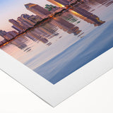 Art deco poster of San Diego skyline in muted blues and grays on rolled canvas, suitable for dining room wall art.