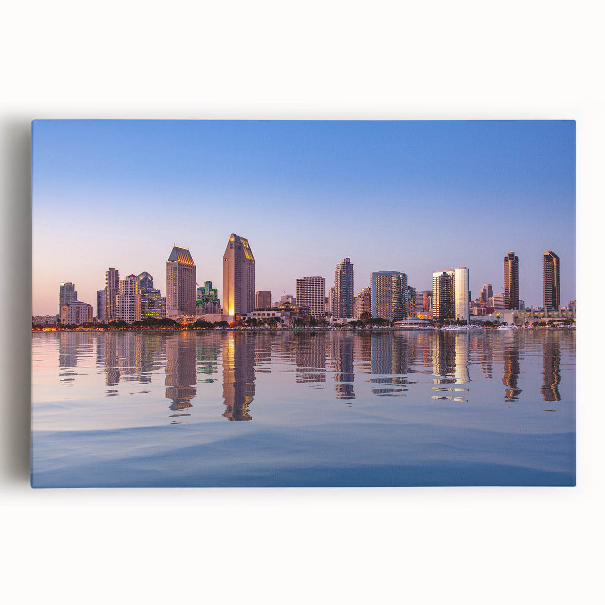 Black and white photo of San Diego skyline on large stretched canvas, ideal for kitchen wall art.