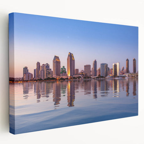Large canvas print of San Diego skyline in muted blue and gray tones, suitable for kitchen wall art.