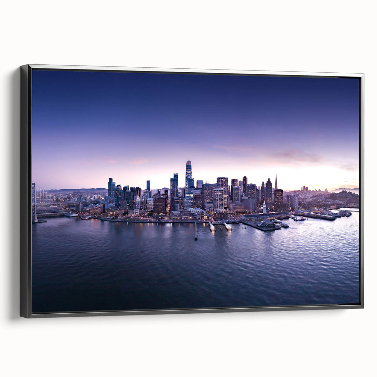 Black and white framed canvas of San Francisco landscape, ideal for bedroom wall art.