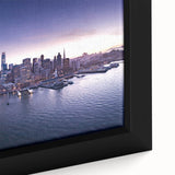 Extra large framed canvas of a textured, colorful San Francisco skyline on a black background, ideal for living room decor.
