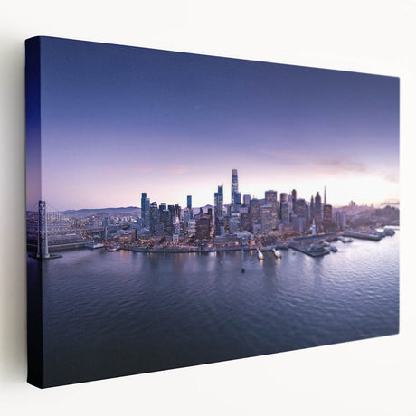 San Francisco skyline in muted gray and blue tones on large stretched canvas, ideal for kitchen wall art.