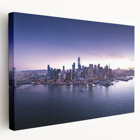 San Francisco skyline in muted gray and blue tones on large stretched canvas, ideal for kitchen wall art.