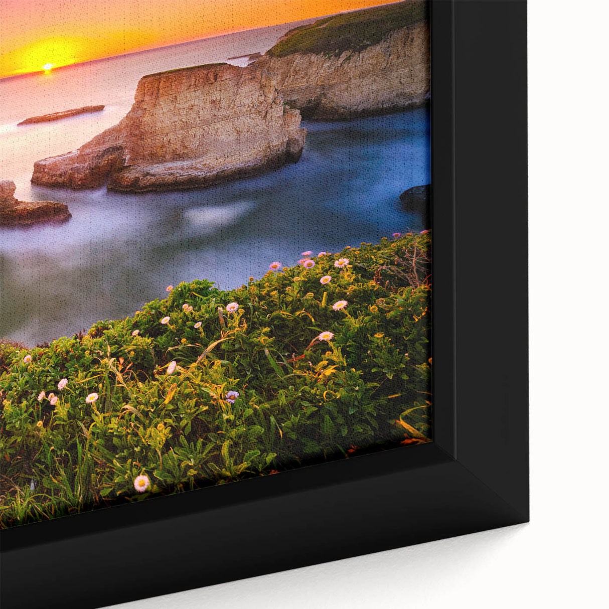 Black wall art of Santa Cruz scenery on a textured, framed canvas with colorful art accents, ideal for living room decor.