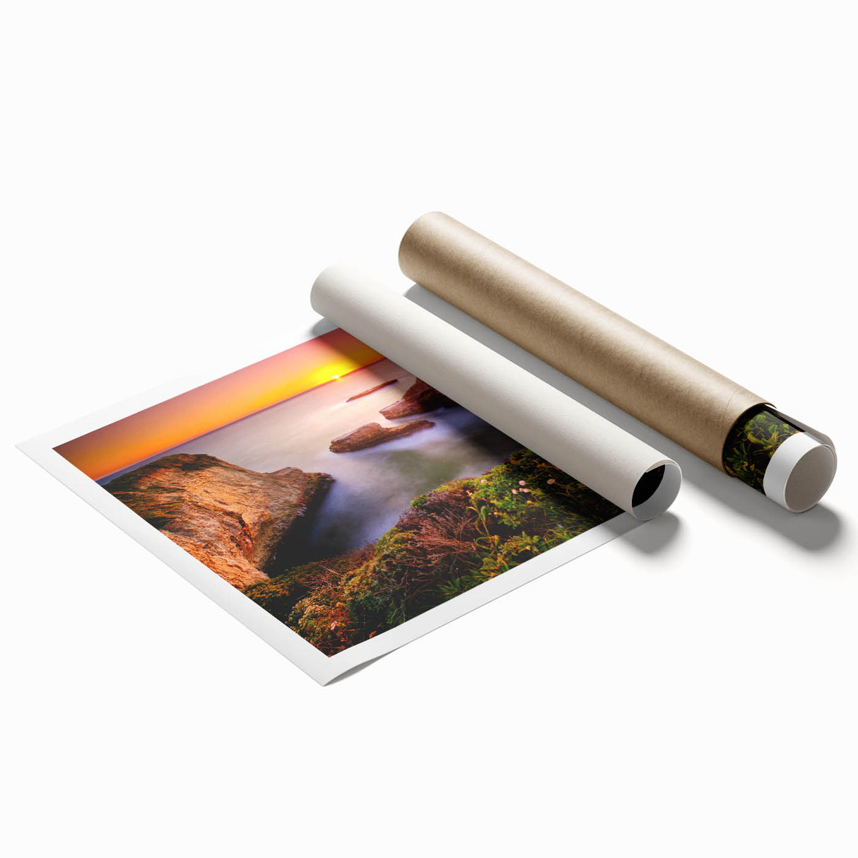 Extra large rolled print of Santa Cruz scenery with floral elements in soft pastel shades.