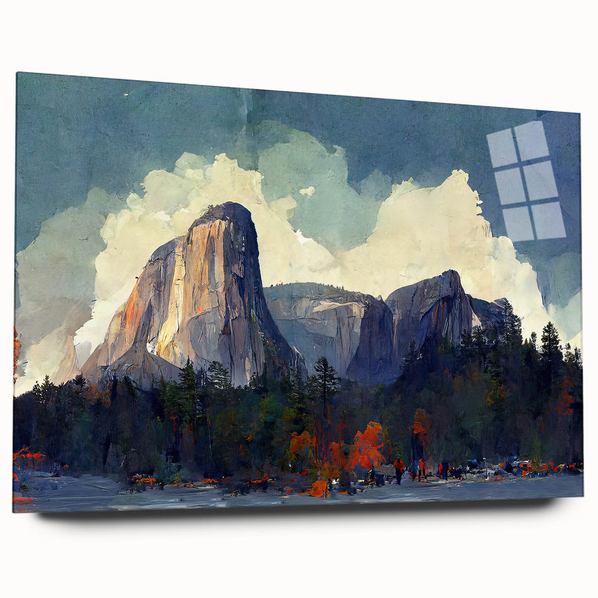 Large abstract depiction of Yosemite scenery in muted earth tones on acrylic glass, ideal for bedroom or dining room art.