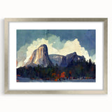 Textured art print of Yosemite landscape in muted earth tones, framed in silver, suitable for bedroom decor.