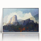 Mid-century modernist art of Yosemite in muted earth tones on framed acrylic, suitable for modern art wall decor.