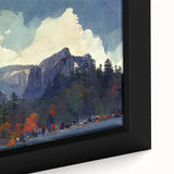 Close-up of a framed canvas depicting Yosemite scenery in textured black with colorful art accents.