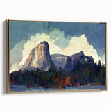 Framed canvas depicting Yosemite landscape in muted earth tones, ideal for bedroom wall art.