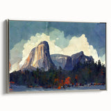 Landscape art painting of Yosemite with colorful forest and cliff, framed in silver on canvas.