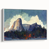 Vintage poster art of Yosemite scenery in vibrant colors on a large framed canvas, suitable for living room decor.