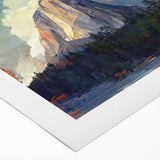 Art deco poster of Yosemite scenery in muted earth tones on rolled canvas, suitable for dining room wall art.