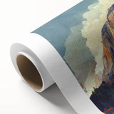 Art deco style poster of Yosemite scenery in muted green and blue tones on rolled canvas, ideal for nursery wall art.