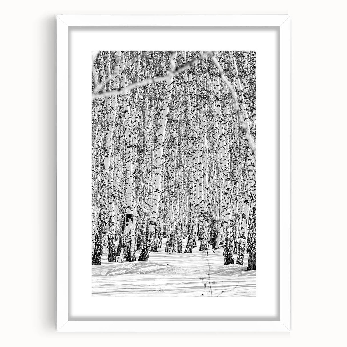 Abstract art print of Aspen trees in Colorado with muted earth tones, framed with a white mat, ideal for dining room decor.