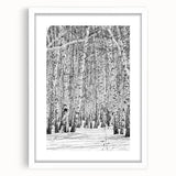 Abstract art print of Aspen trees in Colorado with muted earth tones, framed with a white mat, ideal for dining room decor.