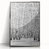 Mid-century modernist art depicting an Aspen, Colorado landscape in muted earth tones, framed in silver acrylic.