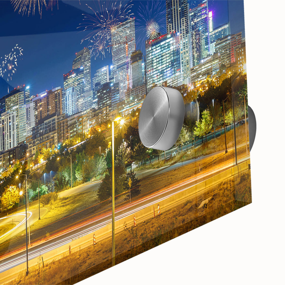Large abstract depiction of Denver skyline in muted earth tones on acrylic glass, suitable as dining room art.