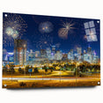 Acrylic print of Denver skyline in muted gray and blue tones, suitable for modern bedroom or dining room decor.