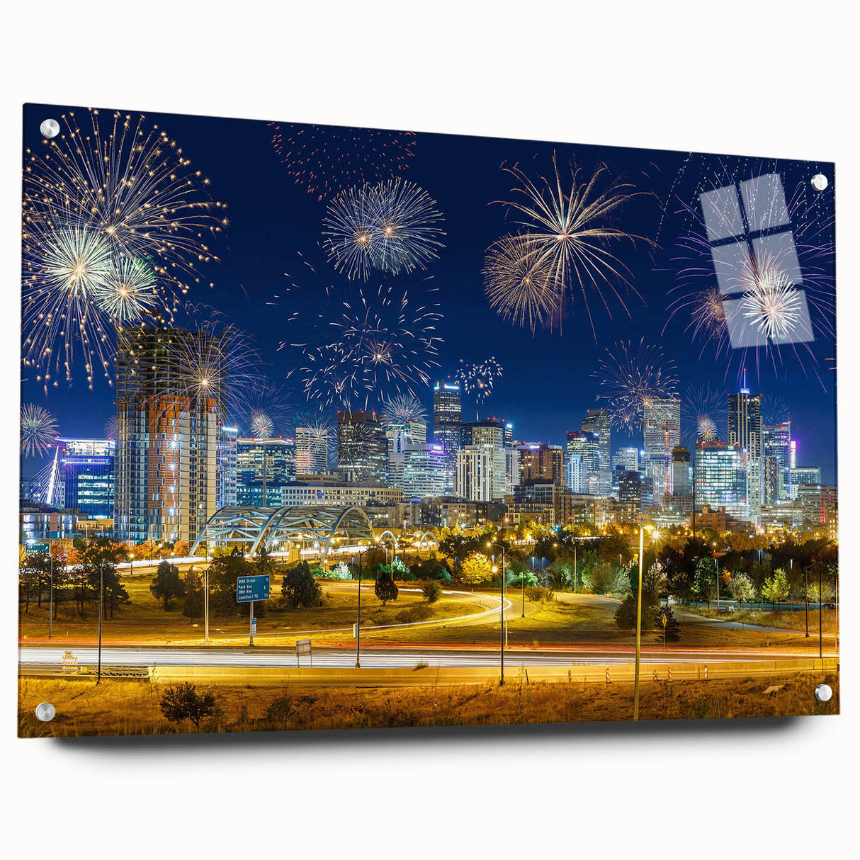 Acrylic print of Denver skyline in muted gray and blue tones, suitable for modern bedroom or dining room decor.